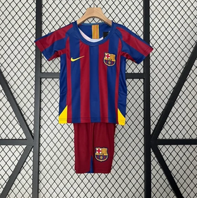 Barcelona 2005-06 Kids Home Kit - Customizable Jersey & Shorts | Perfect for Messi Fans!